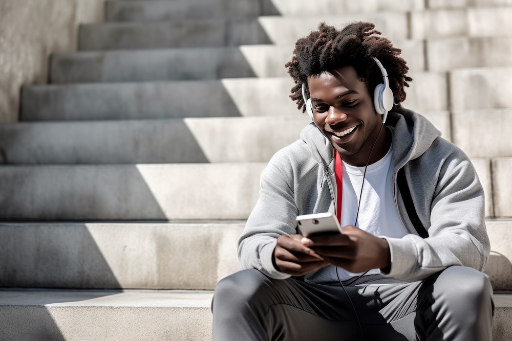 Young african american man listening to music with headphones and mobile phone sitting on stairs